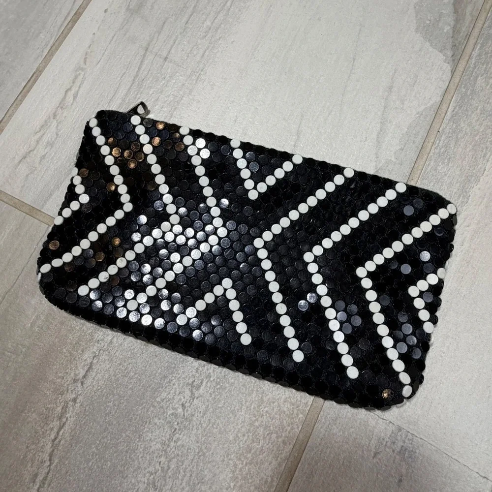 La Regale LTD Black White Mesh Geometric Chevron Evening Clutch Bag Handmade
